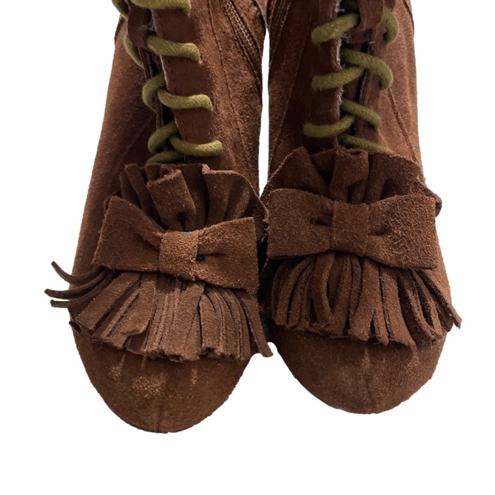 Betsey Johnson Terra suede platform booties with bow and fringe steampunk sz 7.5 - Picture 8 of 16